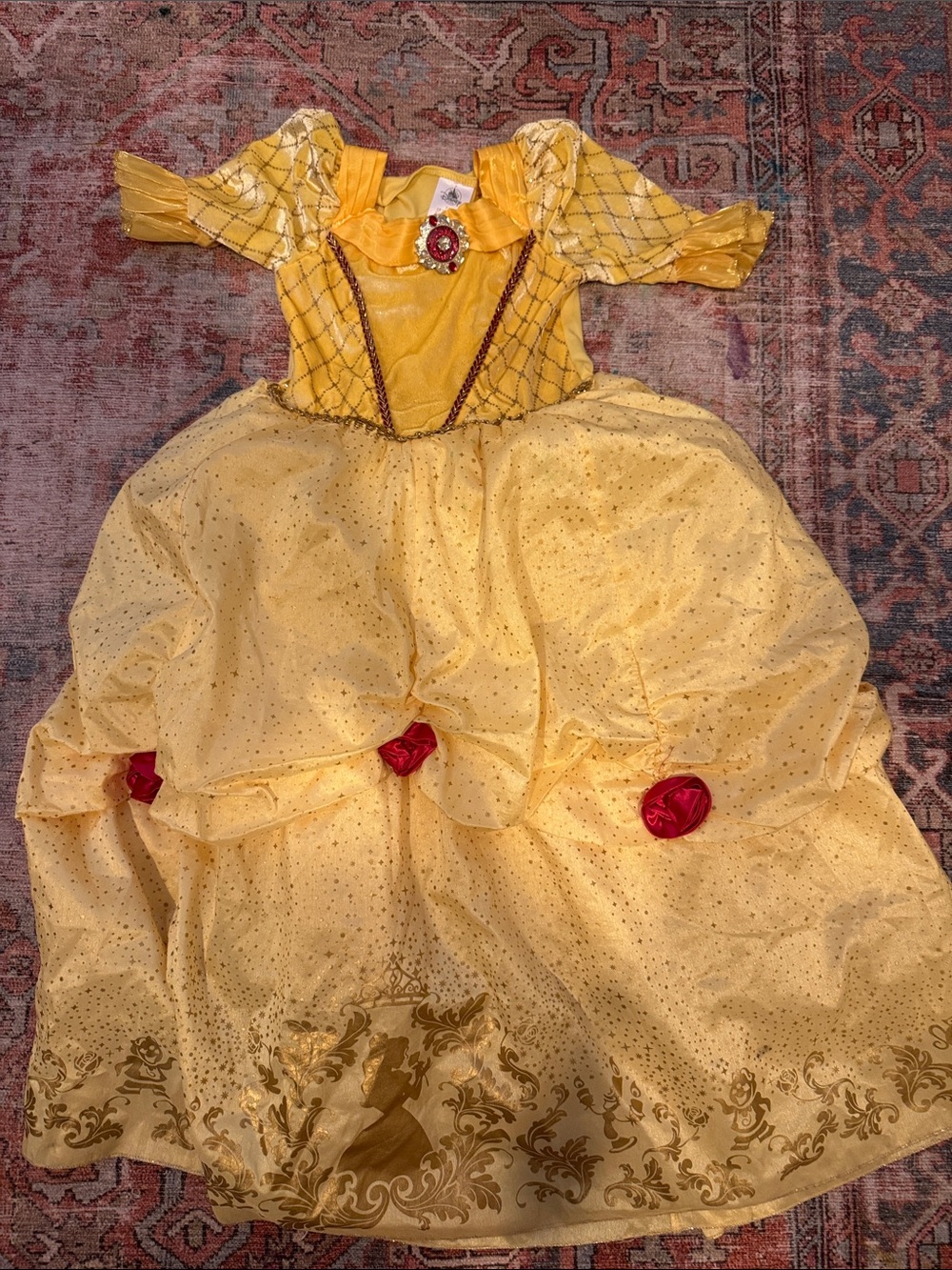 Disney Store Belle Yellow Princess Ball Gown Kids Costume with Red Rose Accents